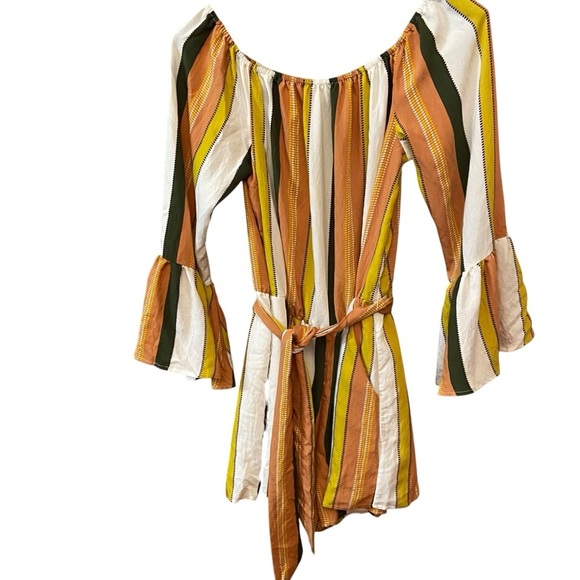 & Merci Striped Off-Shoulder Romper Jumper Size S Muted Orange Gold Playsuit Fun - Picture 3 of 12